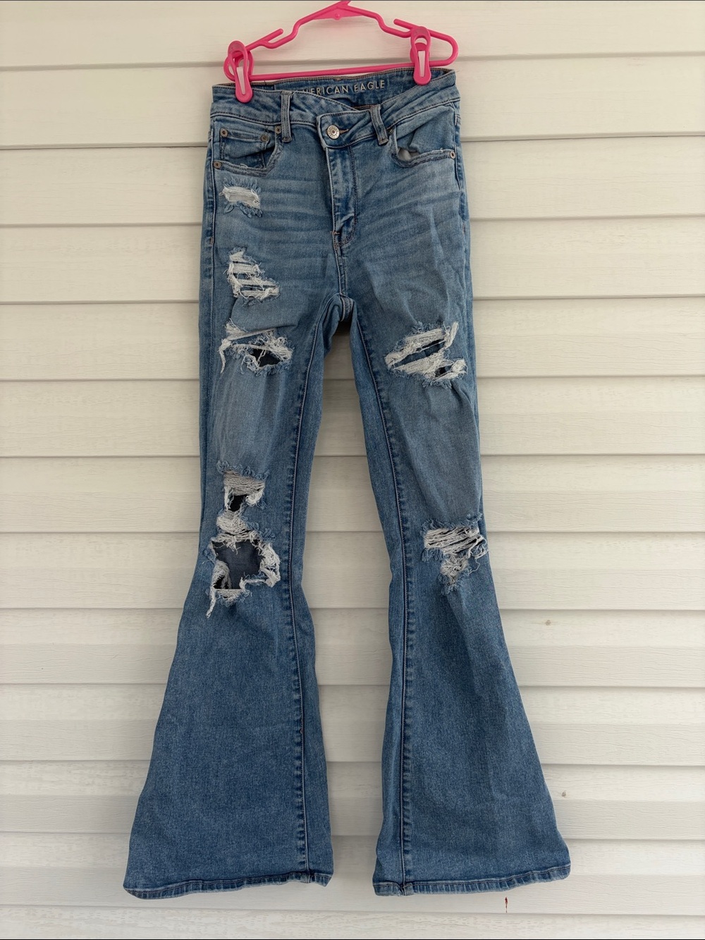 American Eagle Next Level Stretch High Rise Ultra Flare Tall Jeans Distressed